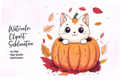 Cute cat inside pumpkin fall watercolor clipart Product Image 1
