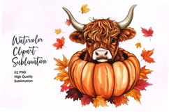 Cute highland cow inside pumpkin fall watercolor clipart Product Image 1