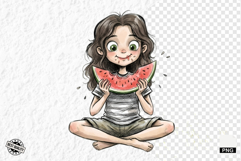 Whimsical Summer Girl &amp; Watermelon Clipart Product Image 1