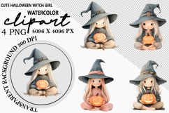 Cute Halloween Witch Girl Clipart Watercolor PNG Product Image 1