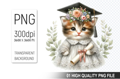 Cute Cat Clipart PNG, Watercolor Graduation Animals Clipart Product Image 1