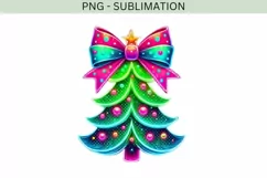 Neon Christmas Tree PNG, Pink Brushstroke & Coquette Bow Product Image 4