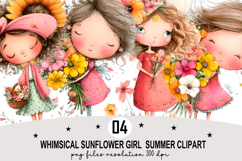 Whimsical Sunflower Girl Summer Clipart Watercolor png Product Image 1