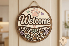 Dog Paw Welcome Sign SVG, Floral Pet Door Hanger Laser Cut Product Image 1