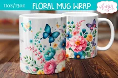 Spring floral mug wrap sublimation PNG, Butterflies mug png Product Image 2