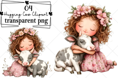 Whimsical Girl Hugging Cow Clipart Watercolor PNG Product Image 1