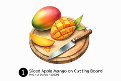 Sliced Apple Mango on Cutting Board Watercolor PNG Summer Product Image 1