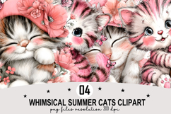 Whimsical Summer Cats Clipart Watercolor PNG Product Image 1