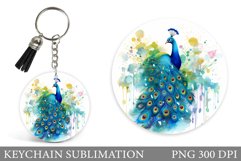 Peacock Round Keychain. Peacock Watercolor Keychain Design Product Image 1