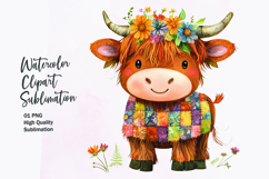 Watercolor kawaii highland cow patchwork patterned clipart Product Image 1