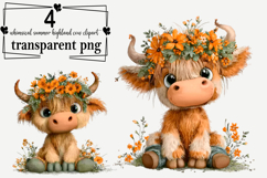 Whimsical Summer Highland Cow Clipart Watercolor PNG Product Image 1