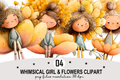 Whimsical Girl &amp; Flowers Clipart Watercolor Png Product Image 1