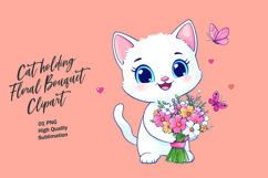 Cat holding floral bouquet watercolor clipart Product Image 1