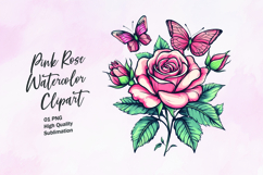 Pink rose with butterfly watercolor clipart sublimation Product Image 1