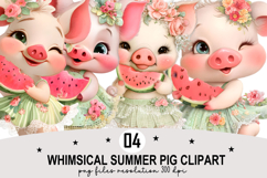 Whimsical Summer Pig Clipart Watercolor PNG Product Image 1