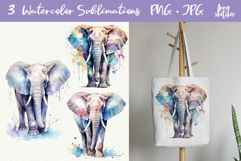 3 Elephant PNG Sublimation Design. Watercolor Elephant Clipa Product Image 1