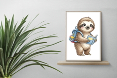 Cute Sloth Reading a Book with Backpack Watercolor PNG Product Image 2