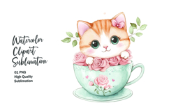 Cute cat with floral tea cup watercolor clipart png Product Image 1