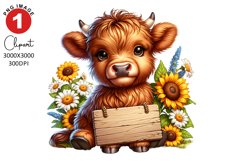 Highland Cow Sunflower Spring Clipart Sublimation PNG Design Product Image 1