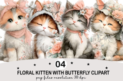 Floral Kitten with Butterfly Clipart Watercolor png Product Image 1