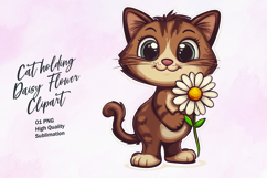Cat holding daisy flower watercolor clipart Product Image 1