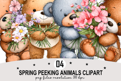 Whimsical Spring Peeking Animals Clipart Watercolor png Product Image 1