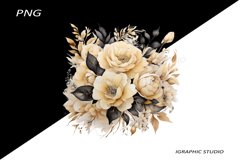 Black and Gold Flowers PNG, Watercolor Floral, Bouquet Product Image 1