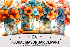Whimsical Floral Mason Jar Clipart Watercolor png Product Image 1