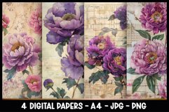 4 Vintage Peonies Digital Papers I Junk Journal Page Product Image 1