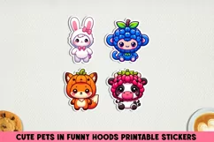 Cute pets in funny hoods printable stickers|Kawaii animals. Product Image 1