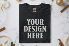 Gildan 64000 Black Folded Christmas Flat Lay T-shirt Mockup Product Image 1