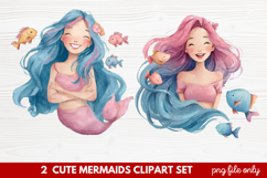 2 Cute Mermaids Clipart Set | Whimsical Mermaid Illustration Product Image 1