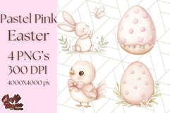 Pastel Pink Easter Bunny Egg and Flowers Clipart PNG Product Image 1