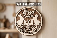 Happy Easter SVG, Bunny Family Door Hanger SVG, Easter Laser Product Image 1