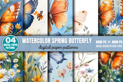 Watercolor Spring Butterfly Background Paper PNG Product Image 1