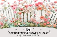 Whimsical Spring Fence &amp; Flower Clipart Watercolor Png Product Image 1