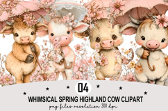 Whimsical Spring Highland Cow Clipart Watercolor PNG Product Image 1