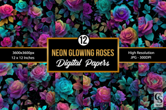 Neon Glowing Rose Flowers Seamless Patterns Product Image 1