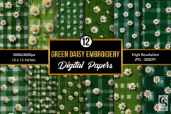Green Daisy Checkered Embroidery Digital Paper Product Image 1