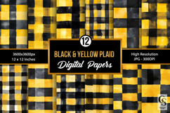 Black and Yellow Watercolor Plaid Digital Papers Product Image 1