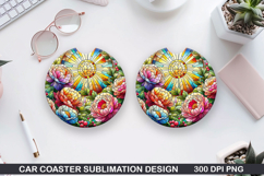 Flower Car Coaster Sublimation| Summer Flowers Coaster PNG Product Image 1