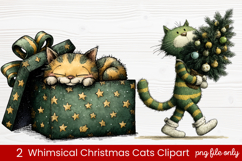 2 Whimsical Christmas Cats Clipart | Cute Festive Cat PNG Product Image 1