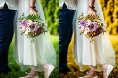 Before and after using Golden Wedding Presets on the outdoor bride and groom photo - Golden Wedding Presets transform outdoor bride and groom photo - Golden Wedding Presets add an aesthetic Instagram vibe to the outdoor bride and groom photo.