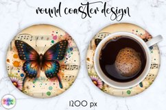 Vintage Butterfly Coaster, Vintage Music Paper with Flowers Product Image 1