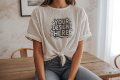 Women Sit Table T-Shirt Mockup PSD JPG Product Image 1