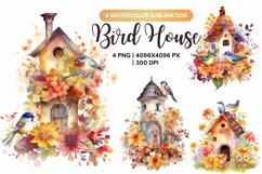 Birdhouse Watercolor Illustration Bundle, Birds house Bundle Product Image 1