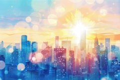 Cityscape with skyscrapers lighting up during sunset Product Image 1