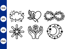 Black and white line art cloud heart flower moon vector Product Image 1