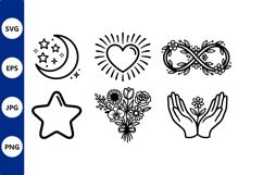 Black line art hearts moon flowers infinity hands icons Product Image 1