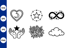 Black line art heart moon star hands flower cloud vector Product Image 1